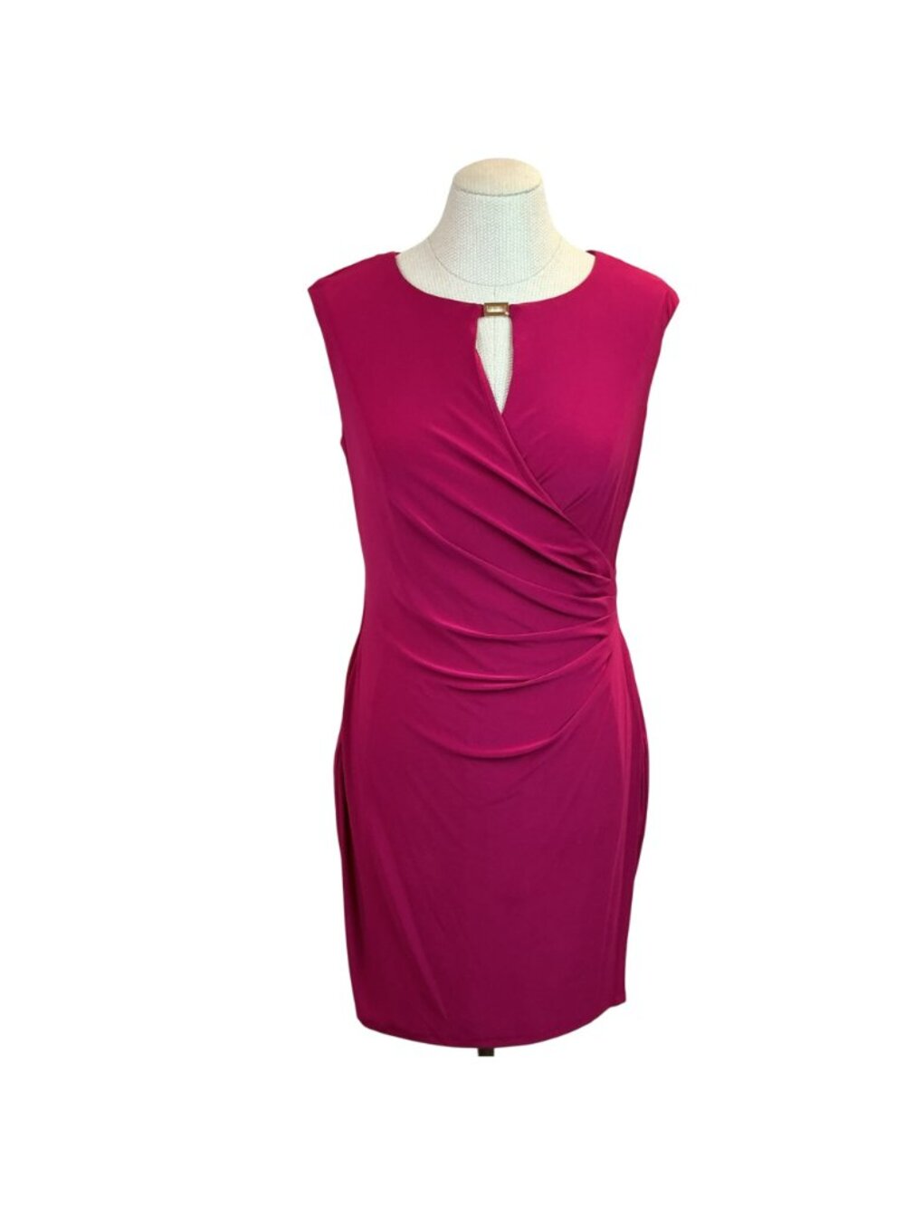 Lauren Ralph Lauren Magenta Sleeveless Ruched Dress Keyhole Accent Womens 12P - Picture 3 of 11
